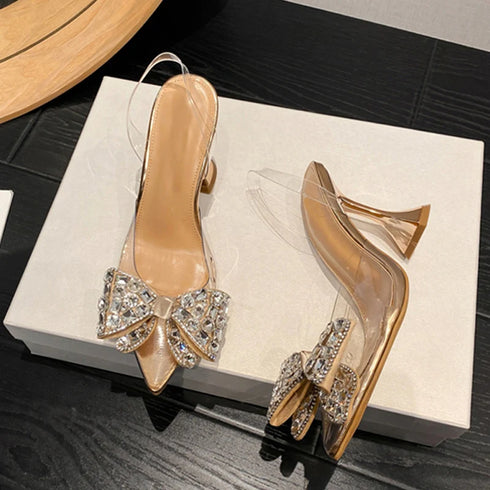 Slingback Crystal Bowknot Pumps for Women - Elegant Pointed Toe Heels for Weddings and Prom